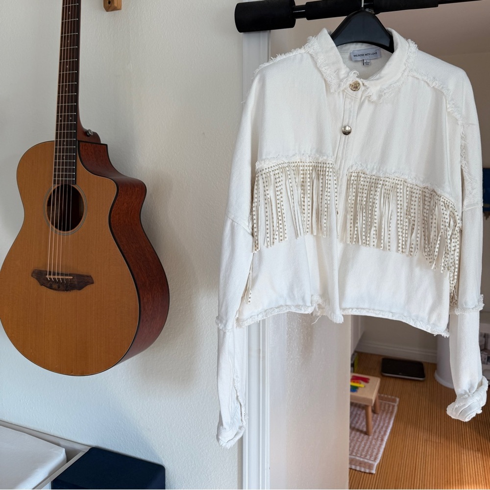 Melrose With Love white denim Jean jacket with fringe and gold studs